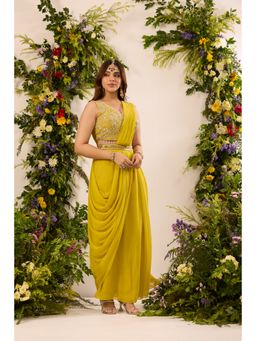 Alaya by Stage3 - Mastaani Embroidered Sunkissed Green Pre-Draped Saree with Stitched Blouse