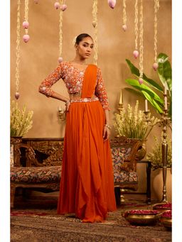 Alaya by Stage3 - Mastaani Embroidered Amber Flame Orange Pre-Draped Saree with Stitched Blouse