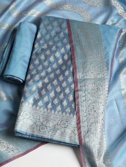 MEENA BAZAAR - Woven Chanderi Grey Unstitched Kurta with Pant and Dupatta