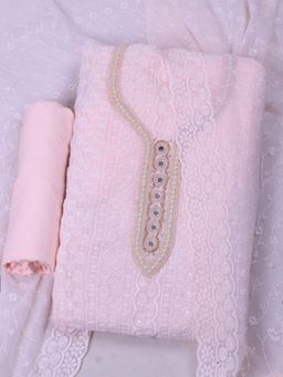 MEENA BAZAAR - Embroidered Georgette Peach Unstitched Kurta with Pant and Dupatta