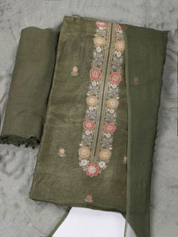MEENA BAZAAR - Embroidered Chanderi Khaki Unstitched Kurta with Pant and Dupatta