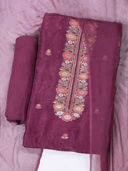 MEENA BAZAAR - Embroidered Chanderi Wine Unstitched Kurta with Pant and Dupatta