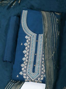 MEENA BAZAAR - Embroidered Chanderi Blue Unstitched Kurta with Pant and Dupatta