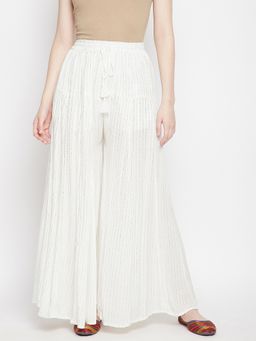 Clora Creation - White Flared Embellished Cotton Palazzo