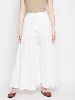 Clora Creation - White Flared Embroidered Cotton Palazzo
