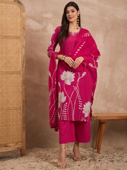 CHETI - Pink Pure Cotton Printed Kurta with Pant and Dupatta