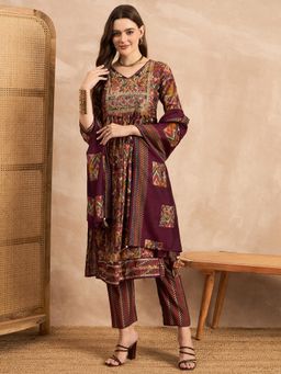 CHETI - Maroon Chanderi Silk Embroidered Kurta with Pant and Dupatta