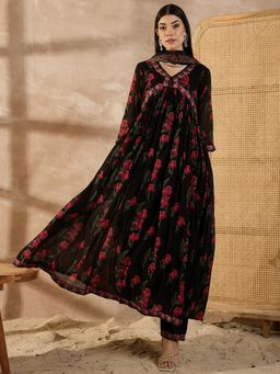 CHETI - Black Mulmul Printed Kurta with Pant and Dupatta