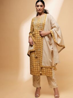 CHETI - Yellow Viscose Rayon Thread Work Kurta with Pant and Dupatta