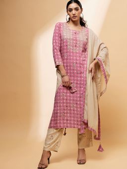 CHETI - Pink Viscose Rayon Thread Work Kurta with Pant and Dupatta