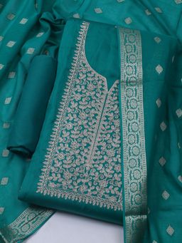 MEENA BAZAAR - Embroidered Cotton Green Unstitched Kurta with Pant and Dupatta