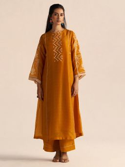 Ganga Fashions - Nugget Yellow Silk Kurta with Palazzo and Slip