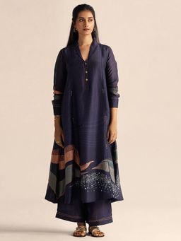 Ganga Fashions - Outer Space Blue Silk Kurta with Palazzo