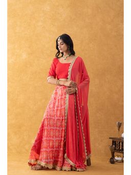Rangpur - Coral Bandhani Print Red Lehenga with Blouse and Dupatta