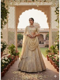 Indi Inside - Embroidered Silk Gold Semi Stitched Lehenga with Unstitched Choli and Dupatta