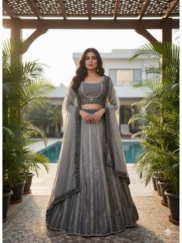 Indi Inside - Embroidered Grey Semi Stitched Lehenga with Unstitched Choli and Dupatta