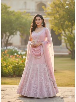 Indi Inside - Floral Embroidered Pink Semi Stitched Lehenga with Unstitched Choli and Dupatta