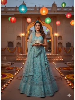 Indi Inside - Embroidered Net Teal Semi Stitched Lehenga with Unstitched Choli and Dupatta