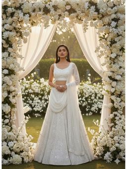 Indi Inside - Self Embroidered Off White Semi Stitched Lehenga with Unstitched Choli and Dupatta