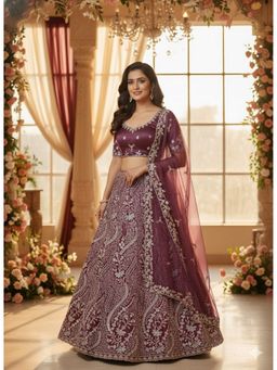 Indi Inside - Embroidered Net Wine Semi Stitched Lehenga with Unstitched Choli and Dupatta