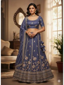 Indi Inside - Embroidered Silk Blend Blue Semi Stitched Lehenga with Unstitched Choli and Dupatta