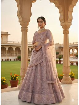 Indi Inside - Embellished Net Grey Semi Stitched Lehenga with Unstitched Choli and Dupatta
