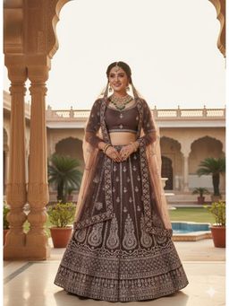 Indi Inside - Embroidered Net Brown Semi Stitched Lehenga with Unstitched Choli and Dupatta