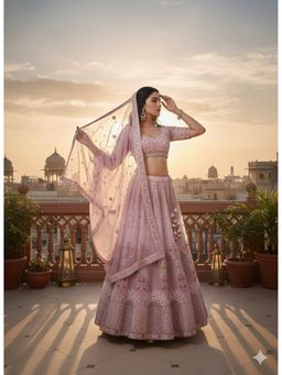 Indi Inside - Embellished Net Pink Semi Stitched Lehenga with Unstitched Choli and Dupatta