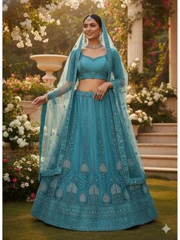 Indi Inside - Embroidered Net Teal Semi Stitched Lehenga with Unstitched Choli and Dupatta