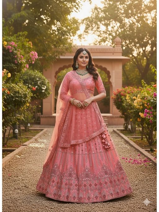Indi Inside Embroidered Net Coral Semi Stitched Lehenga with Unstitched Choli and Dupatta