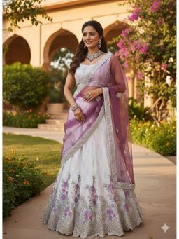 Indi Inside - Embroidered White Semi Stitched Lehenga with Unstitched Choli and Dupatta