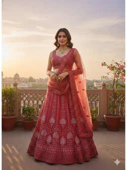 Indi Inside - Embroidered Net Rust Semi Stitched Lehenga with Unstitched Choli and Dupatta