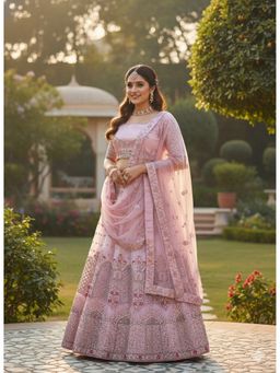 Indi Inside - Embroidered Net Pink Semi Stitched Lehenga with Unstitched Choli and Dupatta