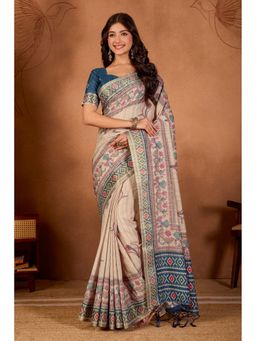 Suha - Matka Silk Printed Off White Saree with Unstitched Blouse