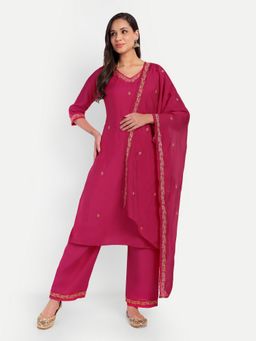 Meeranshi - Pink Muslin Thread Work Kurta with Pant and Dupatta