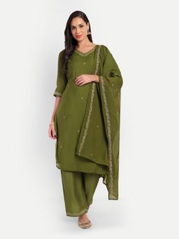 Meeranshi - Green Muslin Thread Work Kurta with Pant and Dupatta