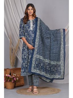 Meeranshi - Teal Cotton Printed Kurta with Pant and Dupatta