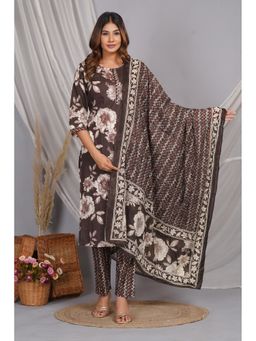 Meeranshi - Brown Cotton Printed Kurta with Pant and Dupatta