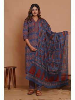 Meeranshi - Blue Cotton Printed Kurta with Pant and Dupatta