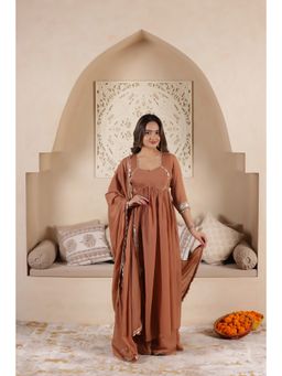SAJILO - Brown Georgette Lace Work Anarkali Kurta with Palazzo and Dupatta