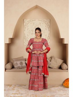 SAJILO - Red Cotton Block Print Kurta with Sharara and Dupatta