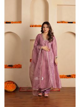 SAJILO - Lavender Tissue Lace Work Kurta with Pant and Dupatta