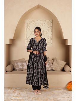 SAJILO - Black Cotton Block Print Anarkali Kurta with Pant and Dupatta