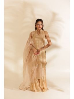 SAJILO - Cream Tissue Embroidered Kurta with Sharara and Dupatta