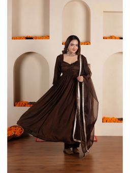 SAJILO - Brown Silk Blend Lace Work Anarkali Kurta with Pant and Dupatta