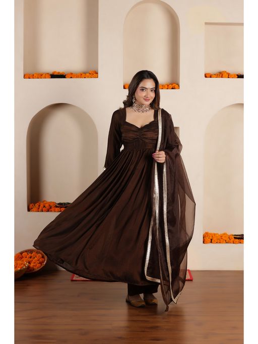 SAJILO Brown Silk Blend Lace Work Anarkali Kurta with Pant and Dupatta