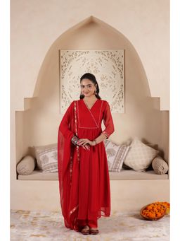 SAJILO - Red Georgette Lace Work Anarkali Kurta with Pant and Dupatta