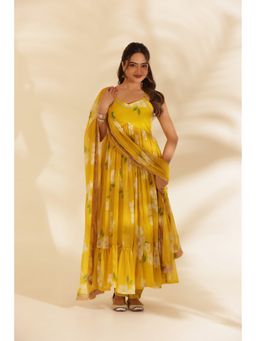 SAJILO - Yellow Chiffon Printed Anarkali Kurta with Pant and Dupatta
