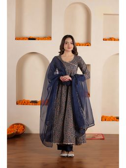 SAJILO - Blue Cotton Printed Angarkha Kurta with Pant and Dupatta