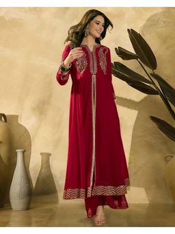 KVS FAB - Red Georgette Zari Sequence Embroidered Kurta with Palazzo